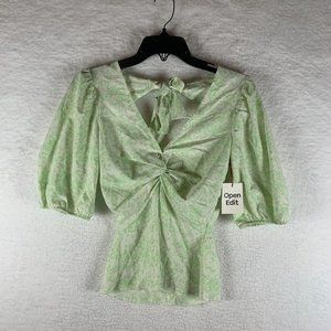 Open Edit Top Women 2XS Green/White Stretch Puff Sleeve Twist Front V-Neck 6392
